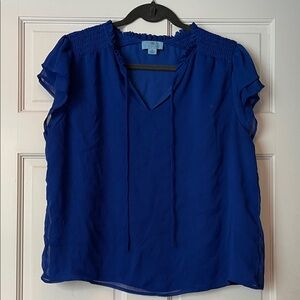 CeCe Vibrant Blue Ruffle Sleeve Tie-Neck Blouse